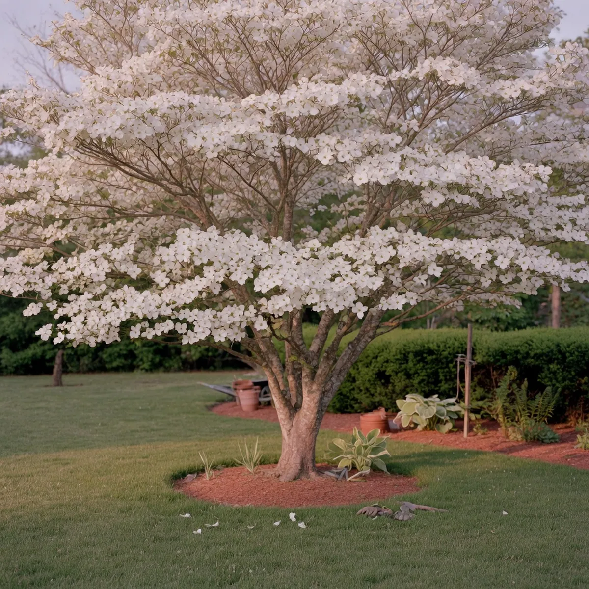 A mature flowering dogwood tree in full bloom with delicate white petals and a broad canopy.