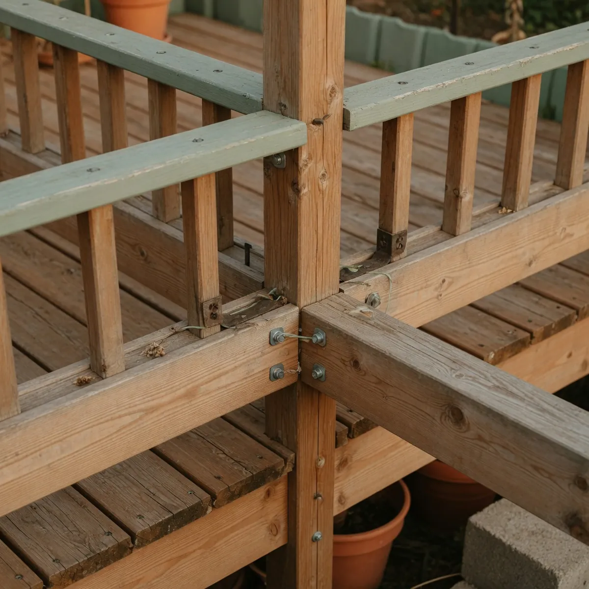 Close-up of weathered wooden beams and a sturdy railing on an outdoor deck.