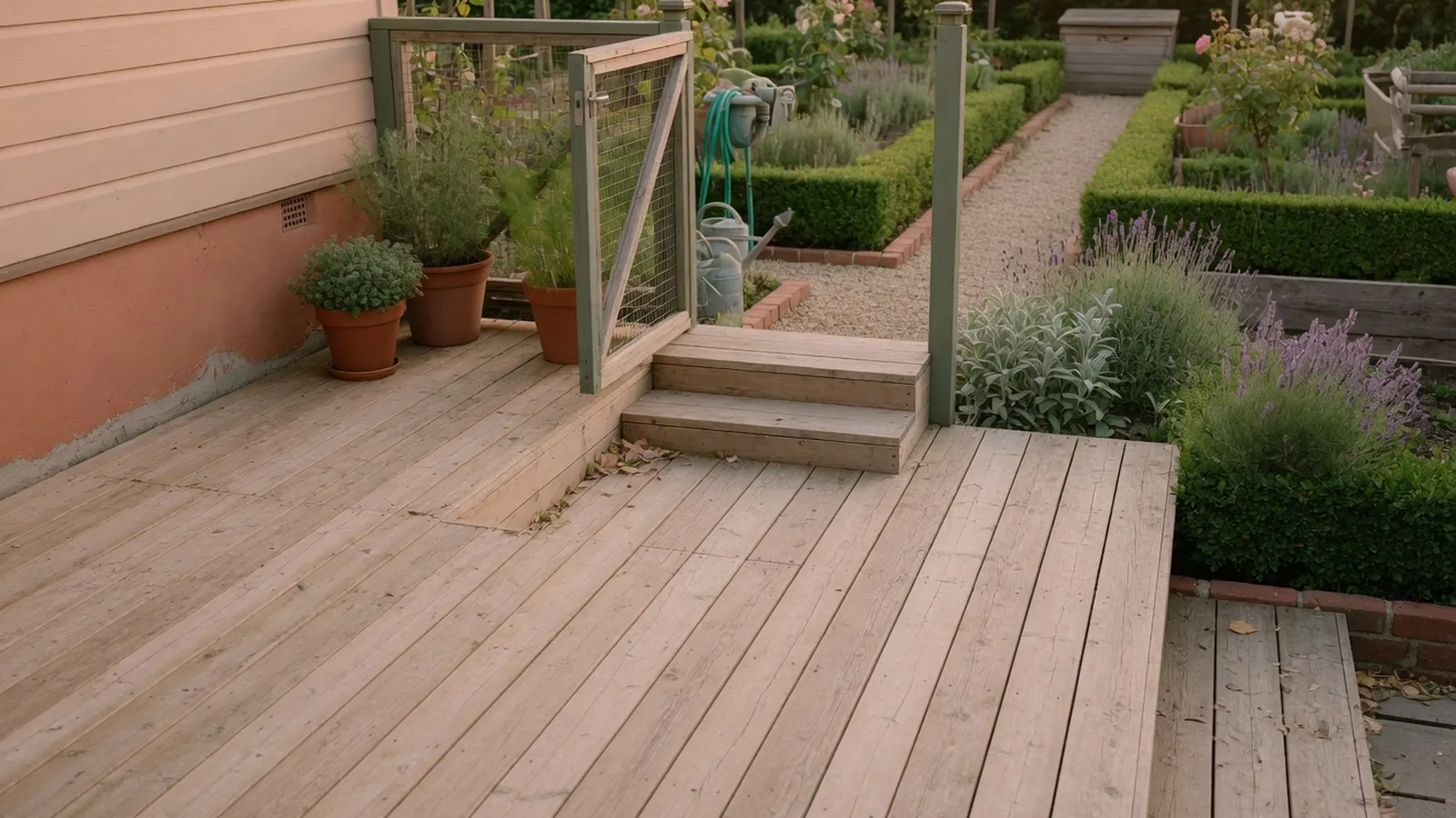 A spacious wooden deck extending from a house into a lush garden.