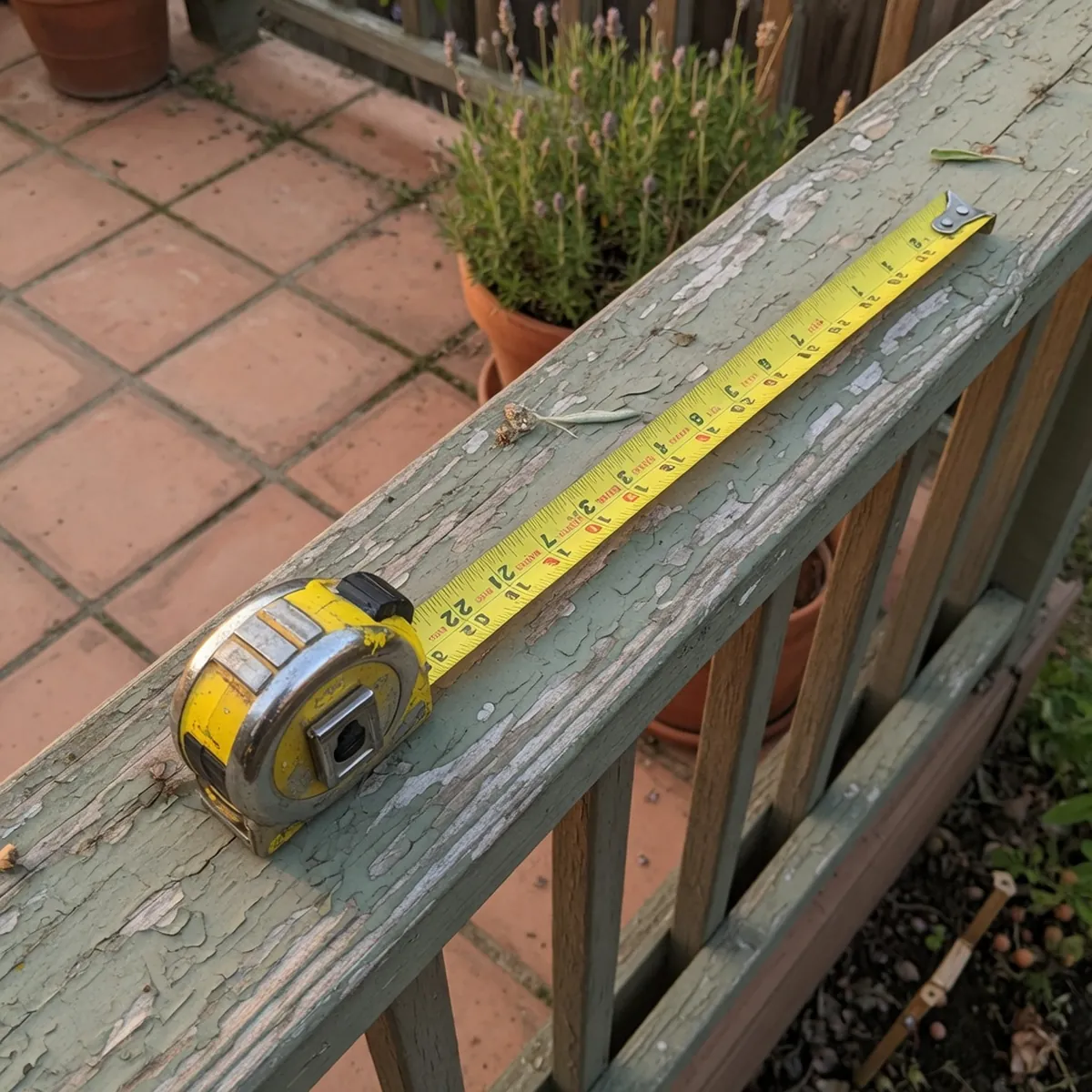 A metal tape measure stretched across a wooden deck railing to check its width.