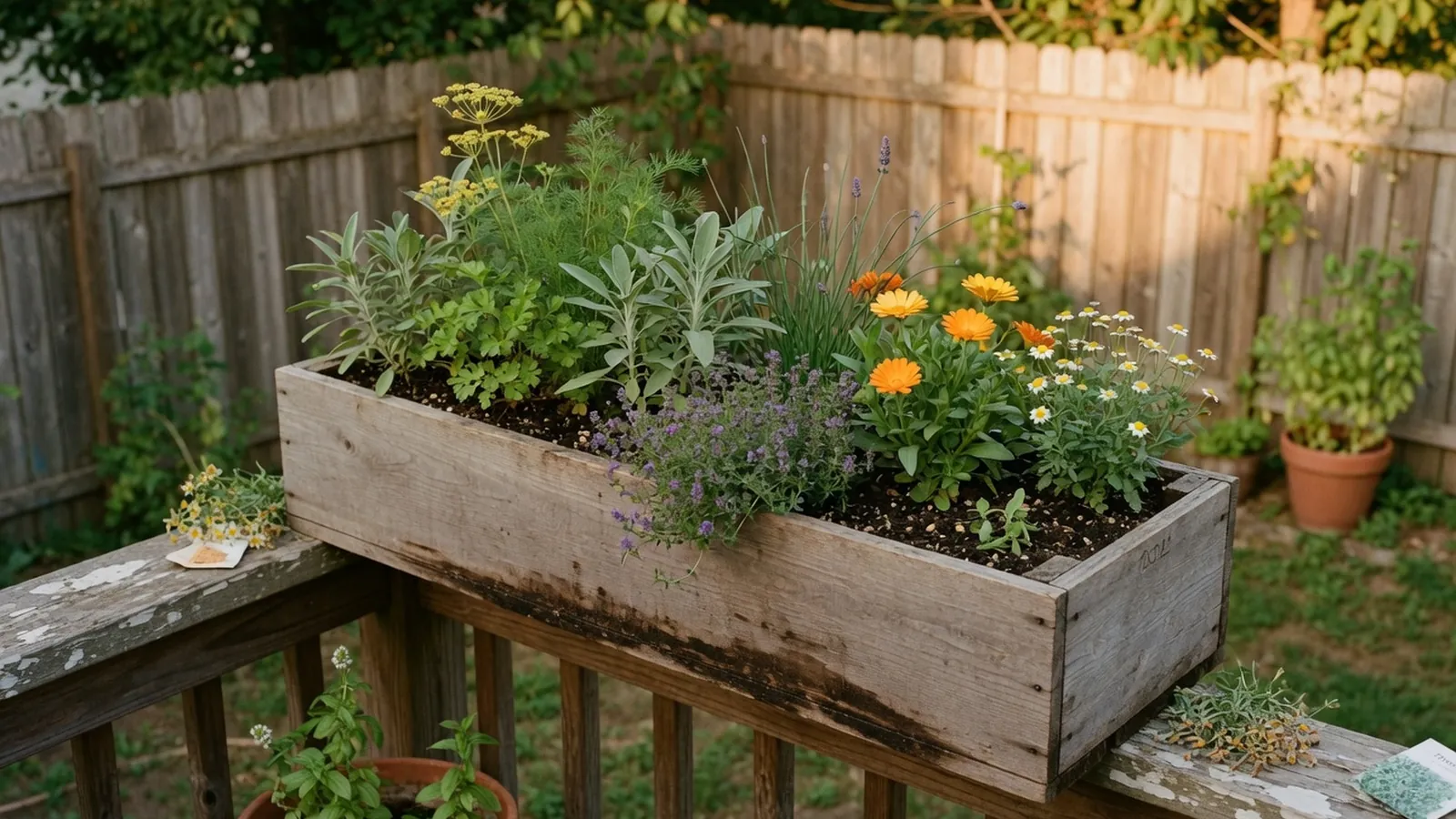 A rectangular wooden planter box filled with blooming herbs and small flowers resting securely on a weathered deck railing.