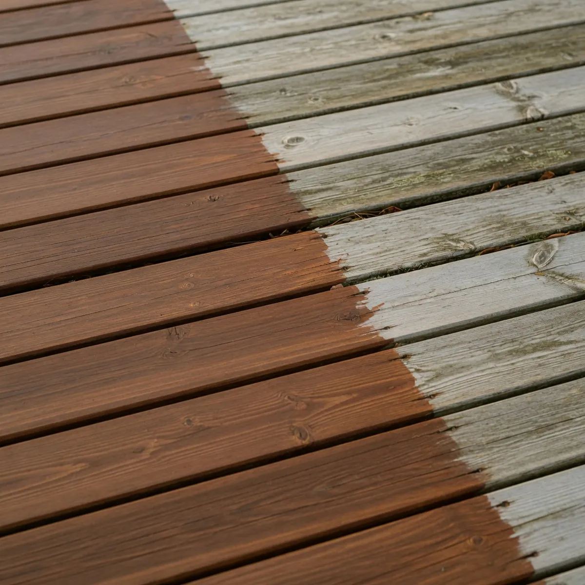 A close-up view of a wooden deck showing the contrast between freshly stained planks and weathered untreated wood.