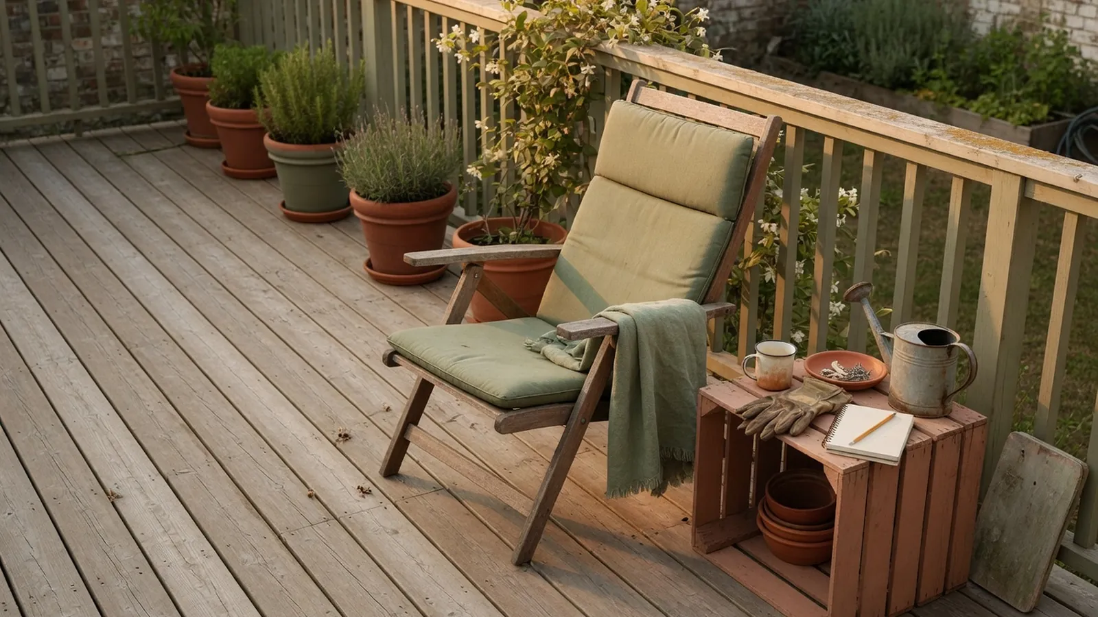 A comfortable wooden deck featuring a reclining chair and side table in a peaceful backyard setting.