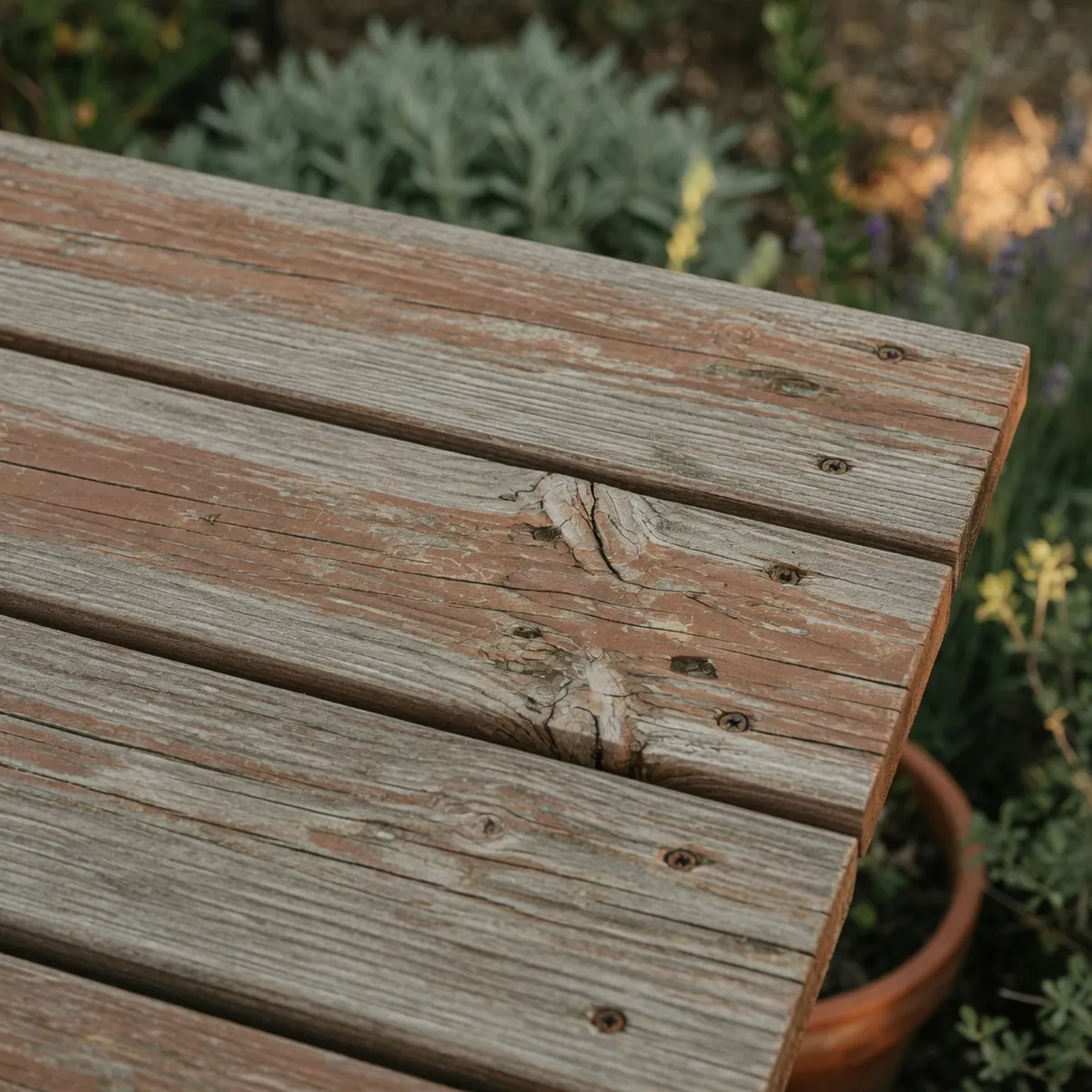 Weathered wooden decking boards show visible grain and slight discoloration from sun exposure in an outdoor setting.