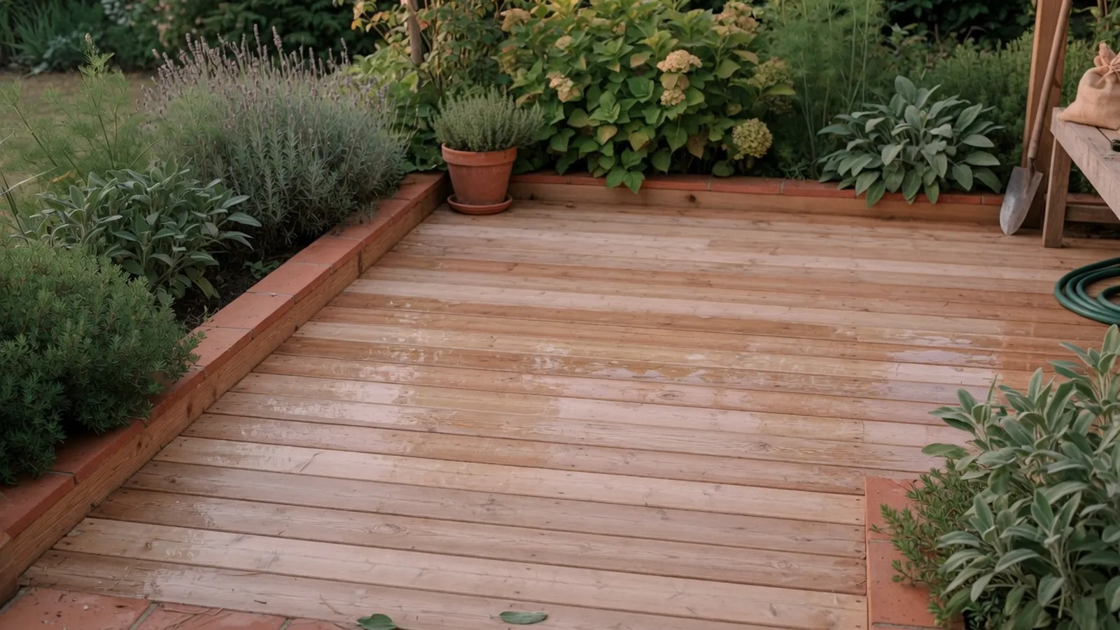 A freshly sealed wooden deck gleams under soft daylight, showcasing the protective finish on the planks.