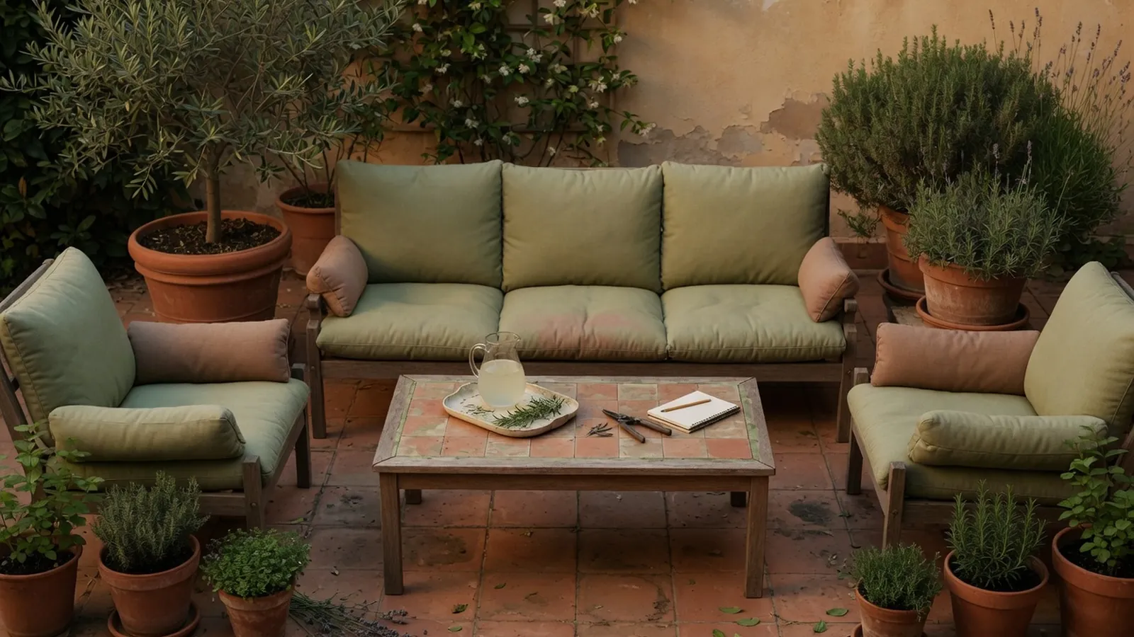 A comfortable outdoor sofa set with deep cushions arranged on a tiled patio.