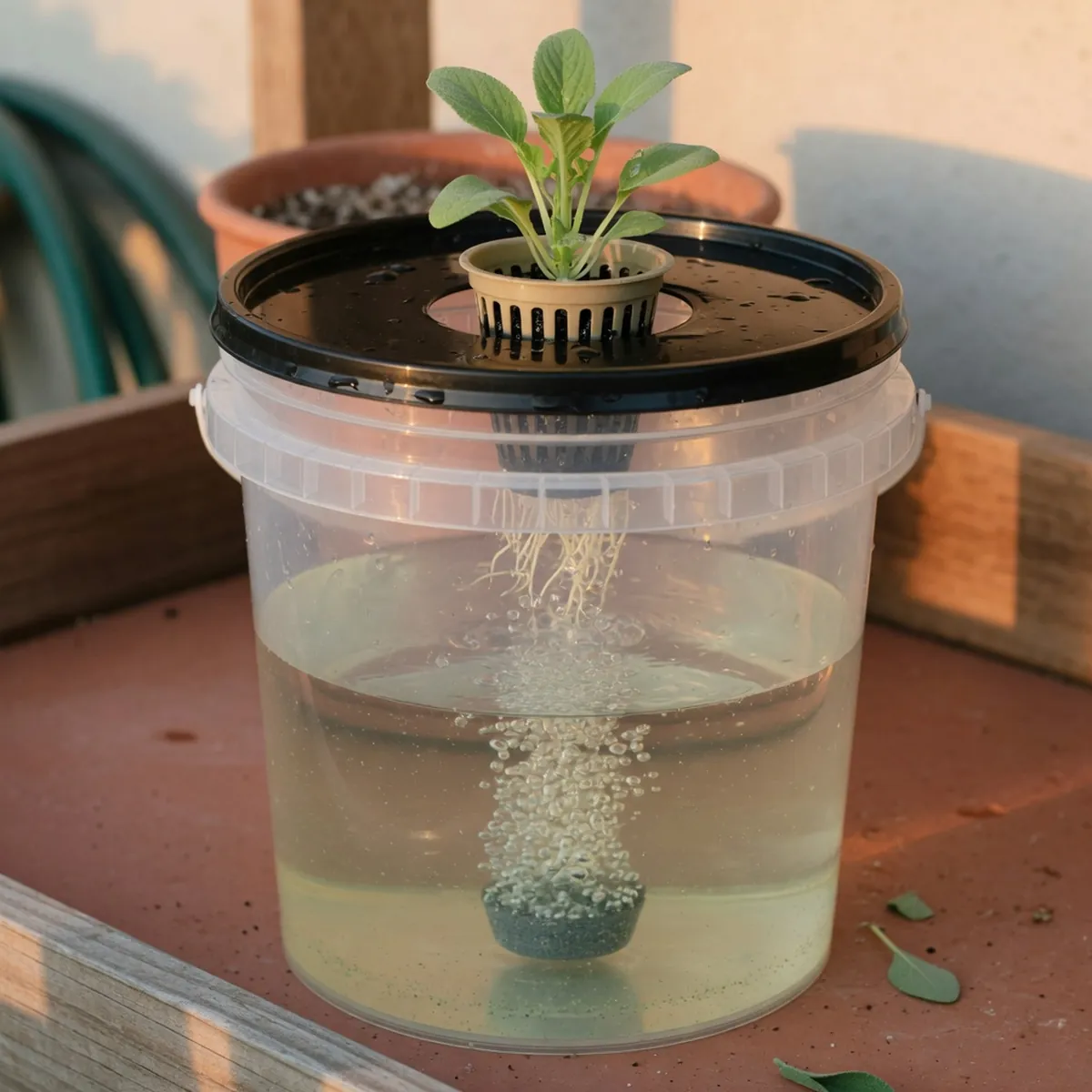 A young plant suspended in a net pot above bubbling nutrient solution inside a clear bucket.