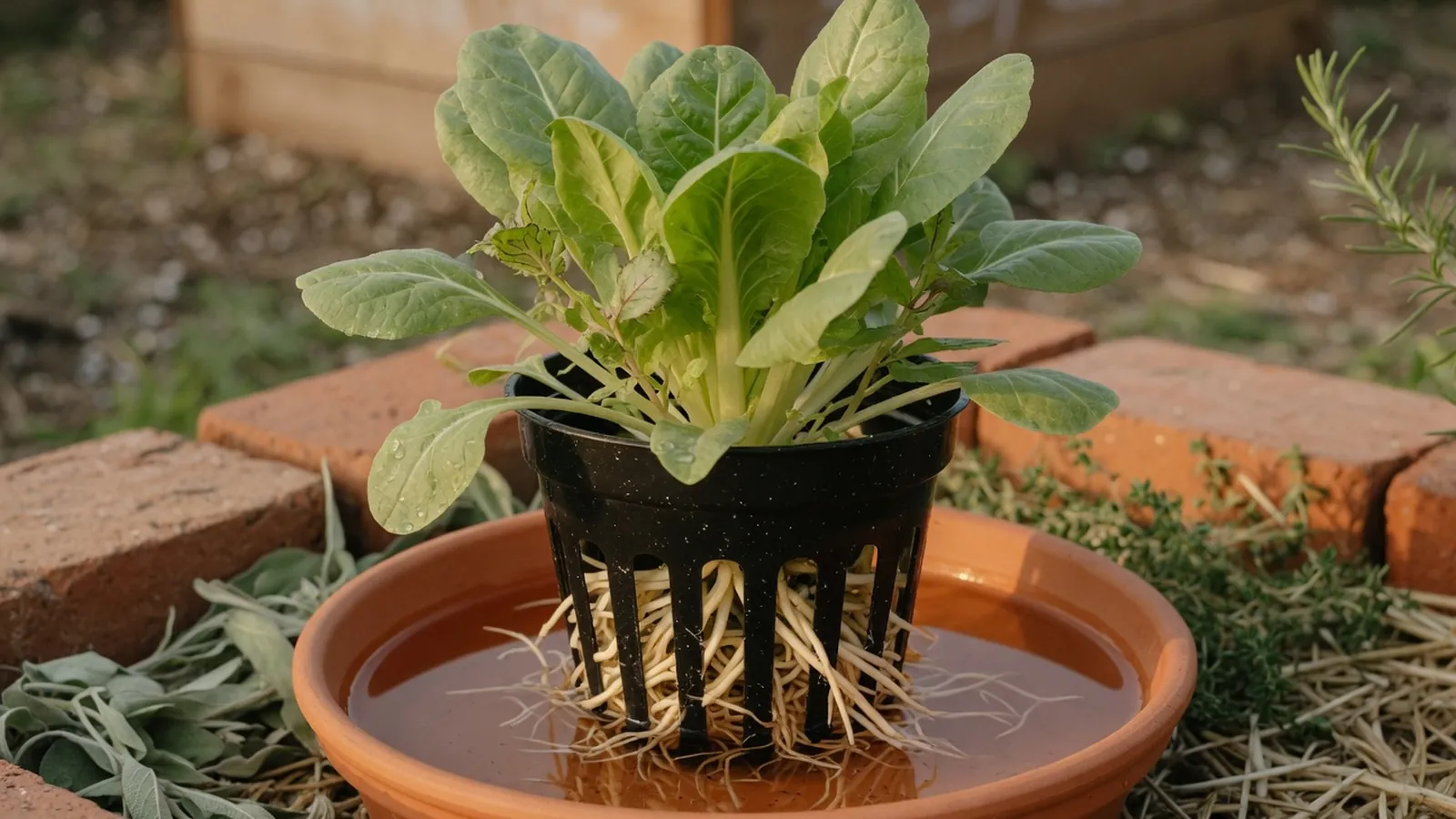 A healthy leafy green plant in a net pot with roots extending into clear water.