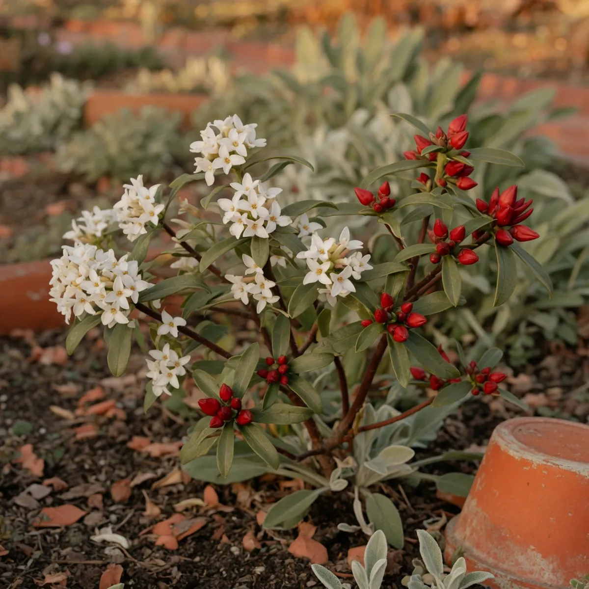 A flowering Daphne shrub with white and red blossoms growing in a garden bed.