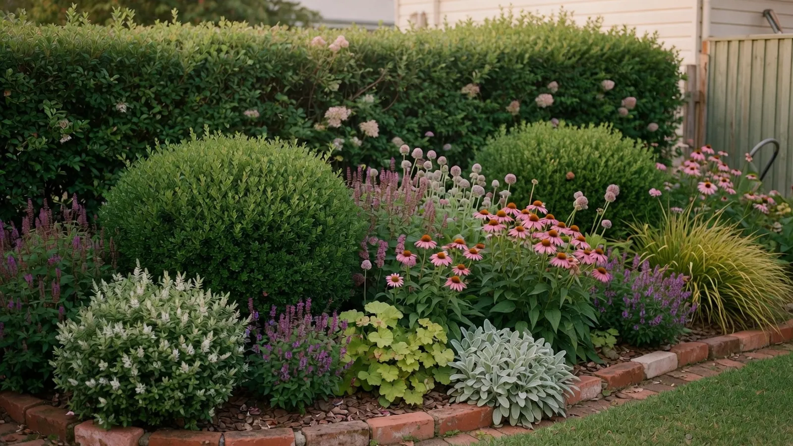 A lush garden border featuring a variety of deer-resistant shrubs thriving in natural sunlight.