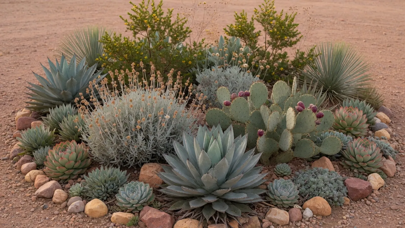 A diverse collection of drought-tolerant desert plants thriving in an arid landscape.