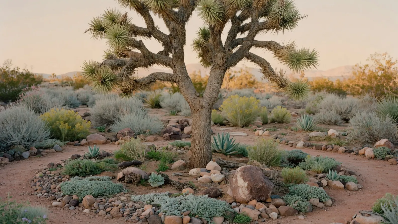A sunlit desert garden featuring a Joshua tree surrounded by drought-tolerant ground cover and rocky soil.