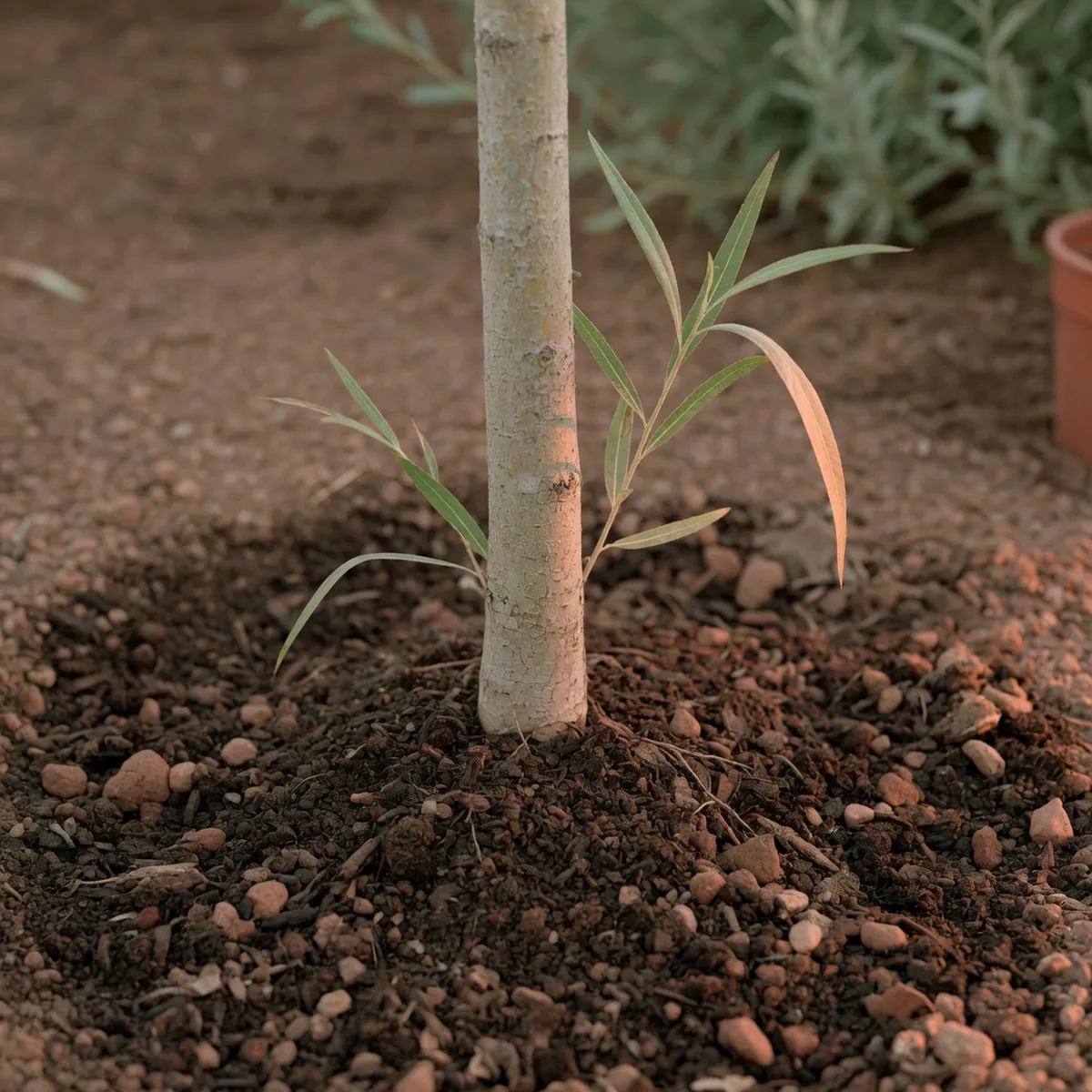 A close-up view of dark, well-draining soil at the base of a slender tree trunk with a few green leaves visible nearby.