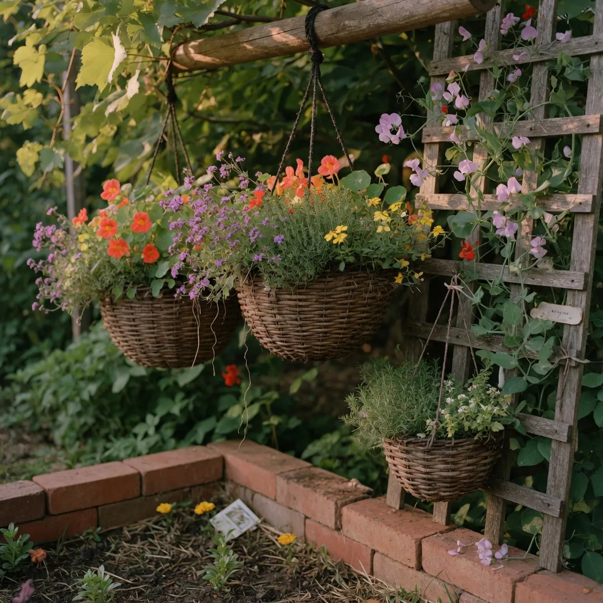 Colorful flowering plants arranged in suspended baskets and climbing a wooden trellis above a garden bed.