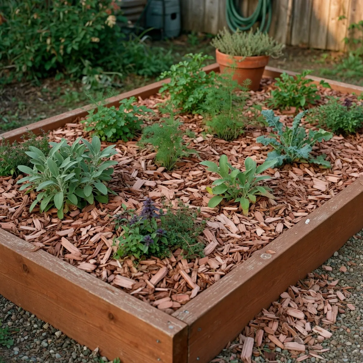 A neat garden bed covered in fragrant cedar and pine wood chips alongside healthy green plants.