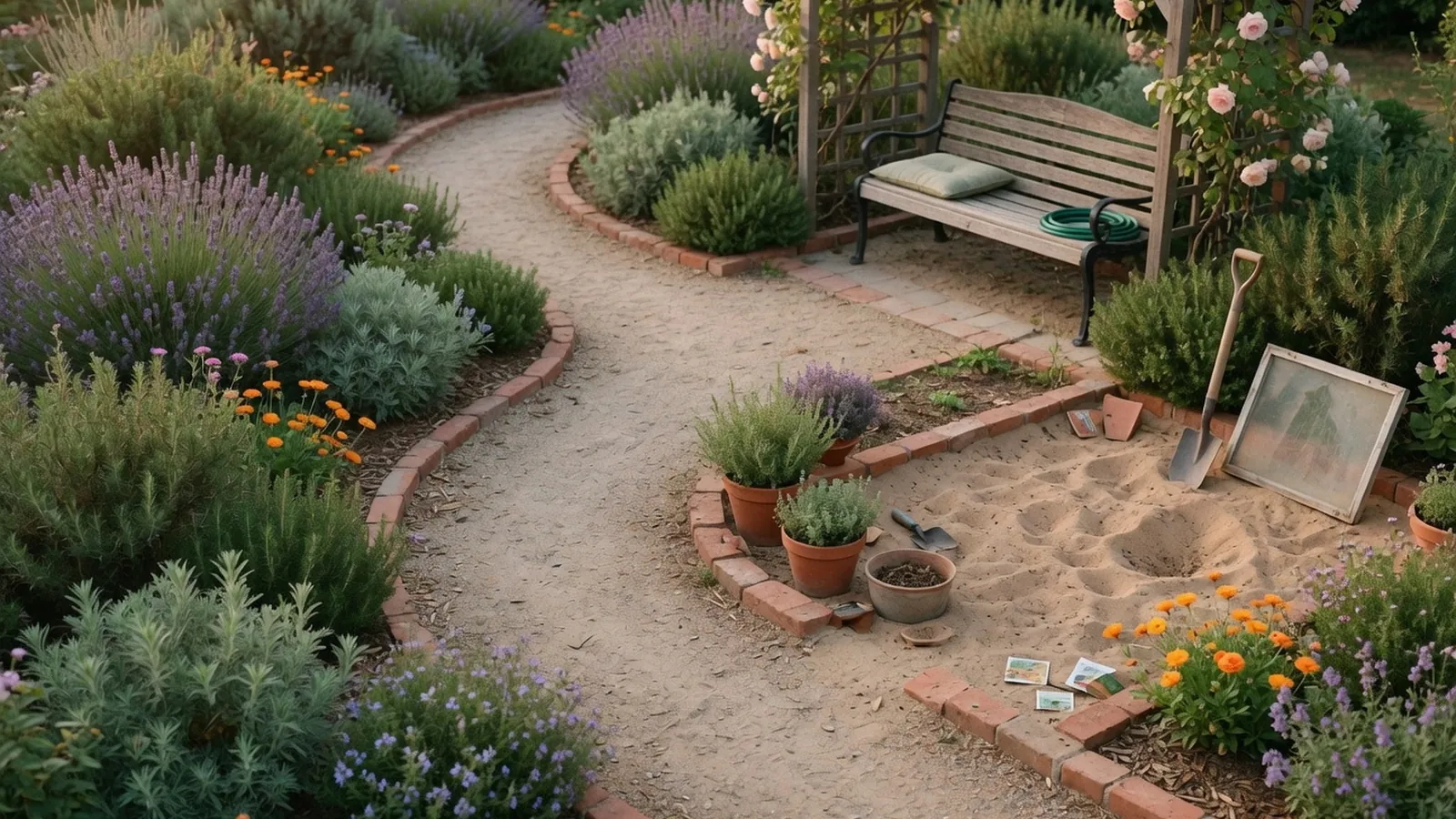 A lush garden path winding through healthy plants with a designated sandy digging area and shaded seating nearby.
