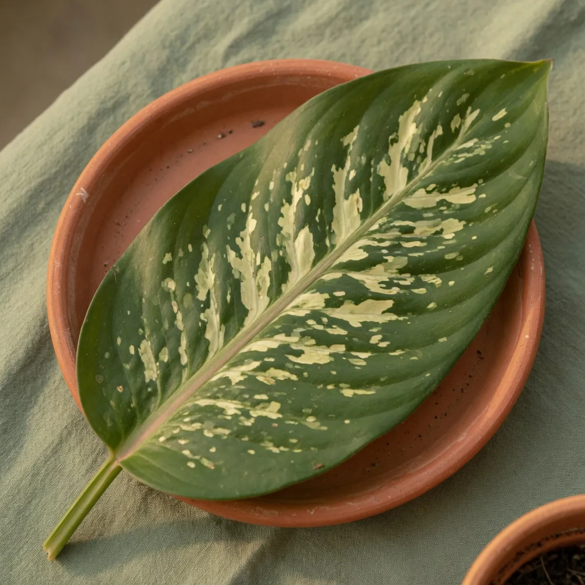 A glossy Dieffenbachia leaf displaying green coloration with pale yellow spots along the veins.