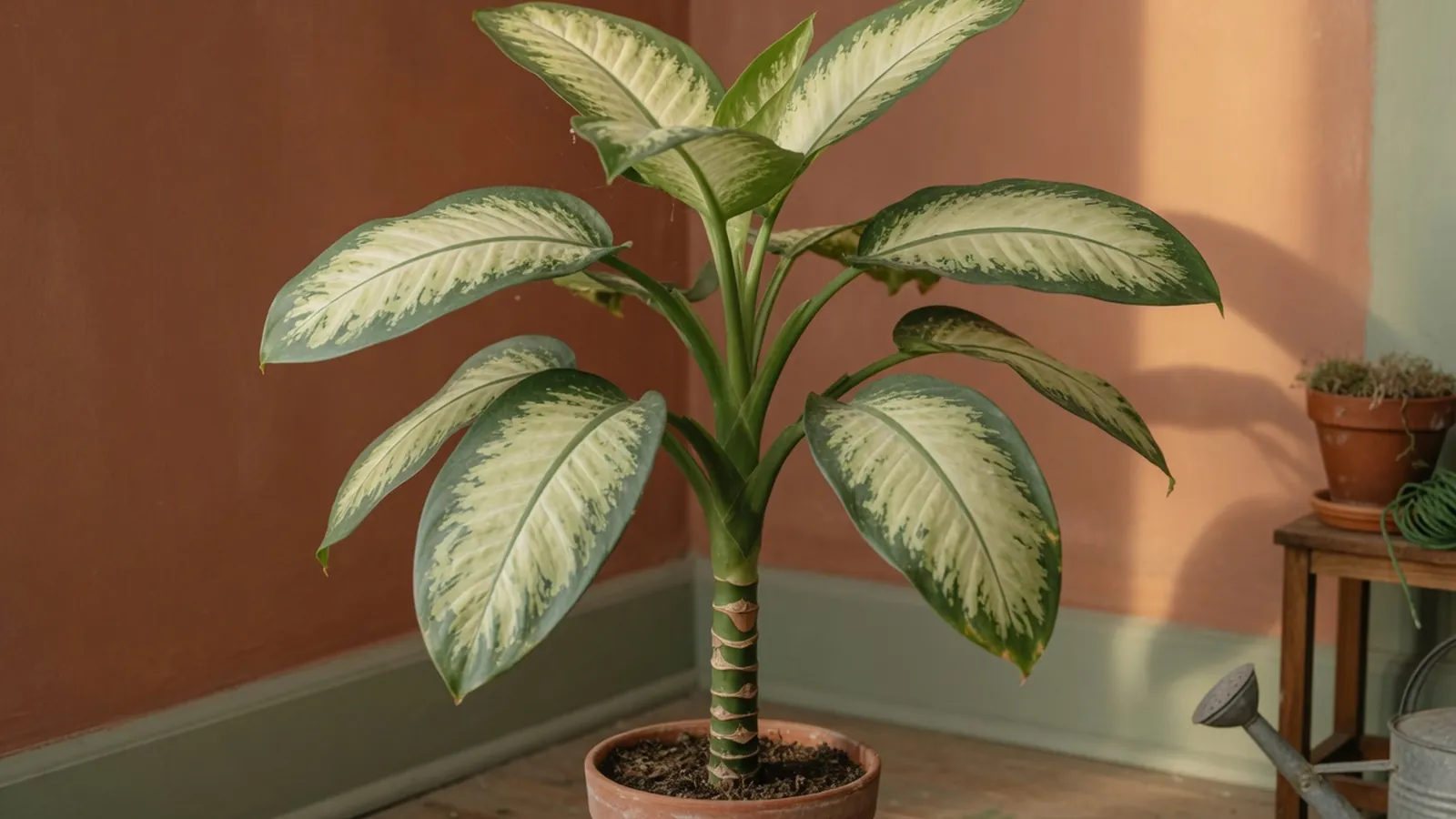 A mature Dieffenbachia houseplant with a thick trunk and large variegated leaves in a bright indoor space.