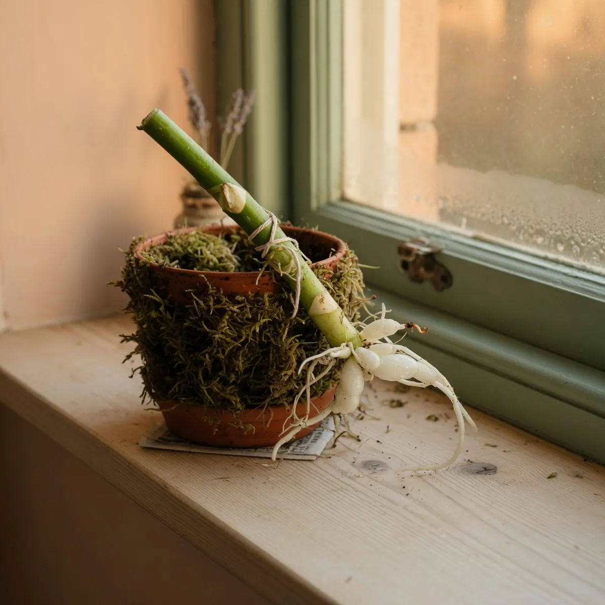 A Dieffenbachia stem cutting in sphagnum moss showing new white roots emerging from the base.