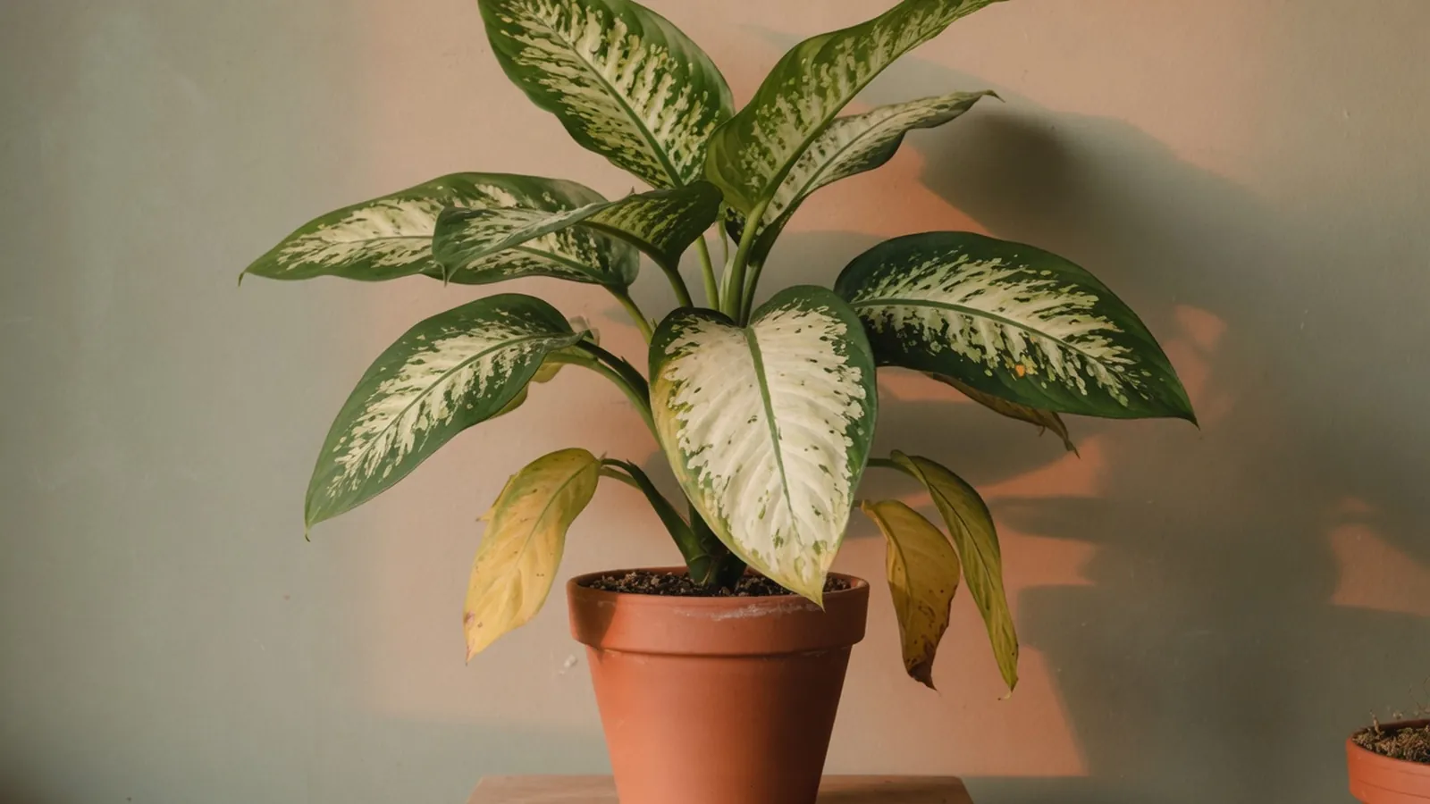 A healthy Dieffenbachia houseplant with large marbled leaves in a ceramic pot.