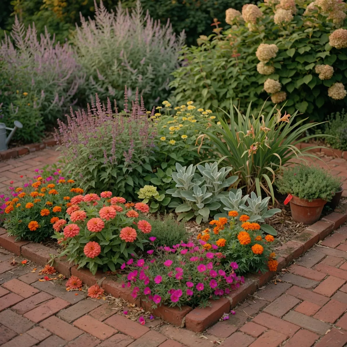 A garden bed combining colorful annual blooms with established perennial plants for year-round interest.