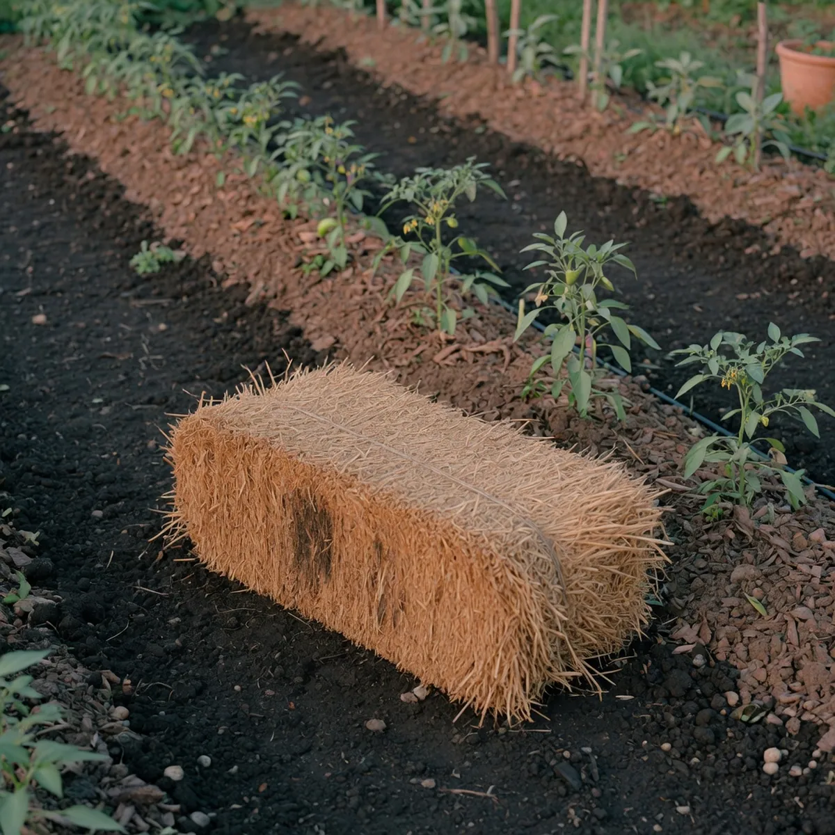 Straw bales placed on garden soil alongside young vegetable plants.