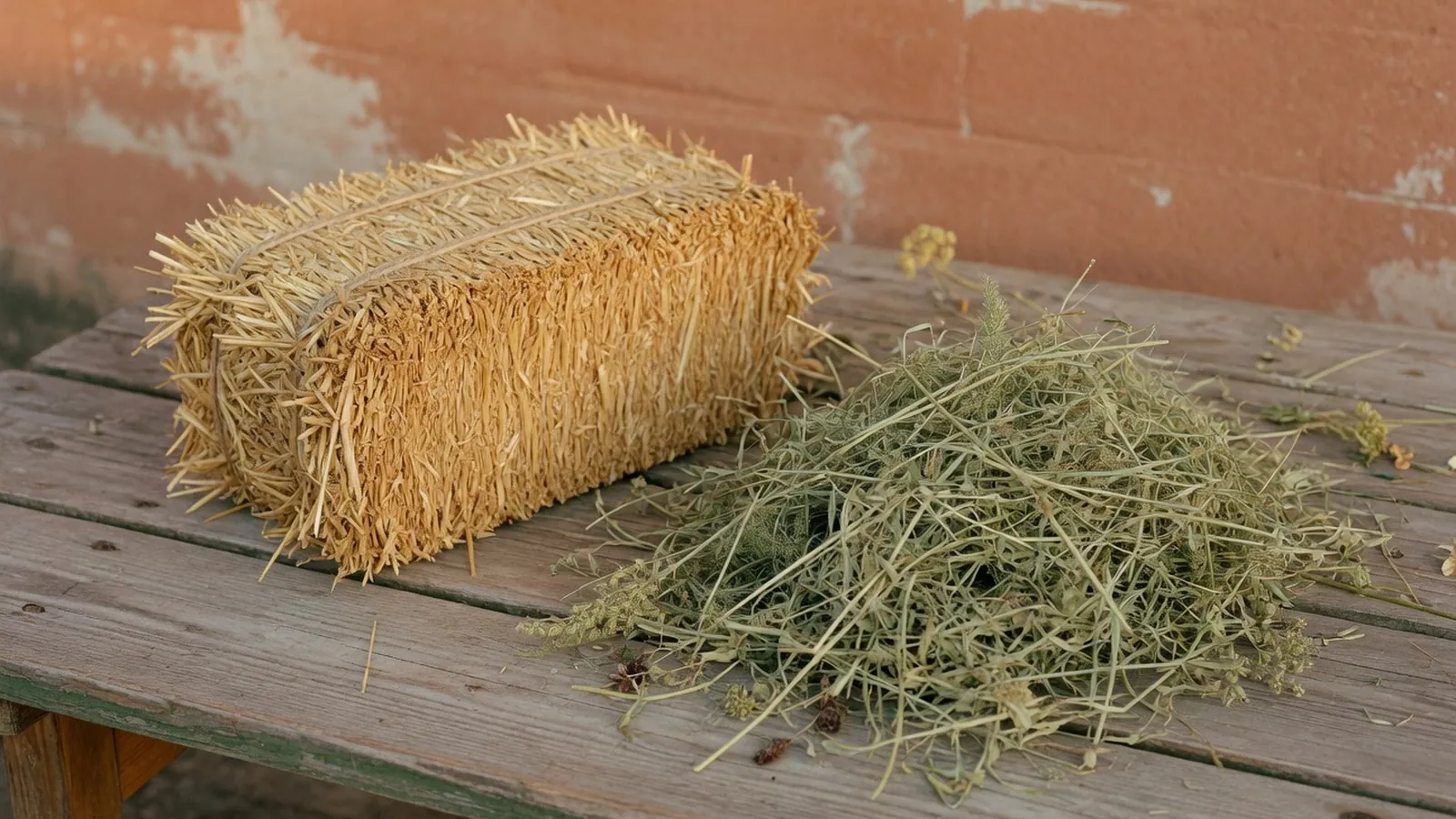 A bale of golden straw placed beside a pile of dried greenish hay.