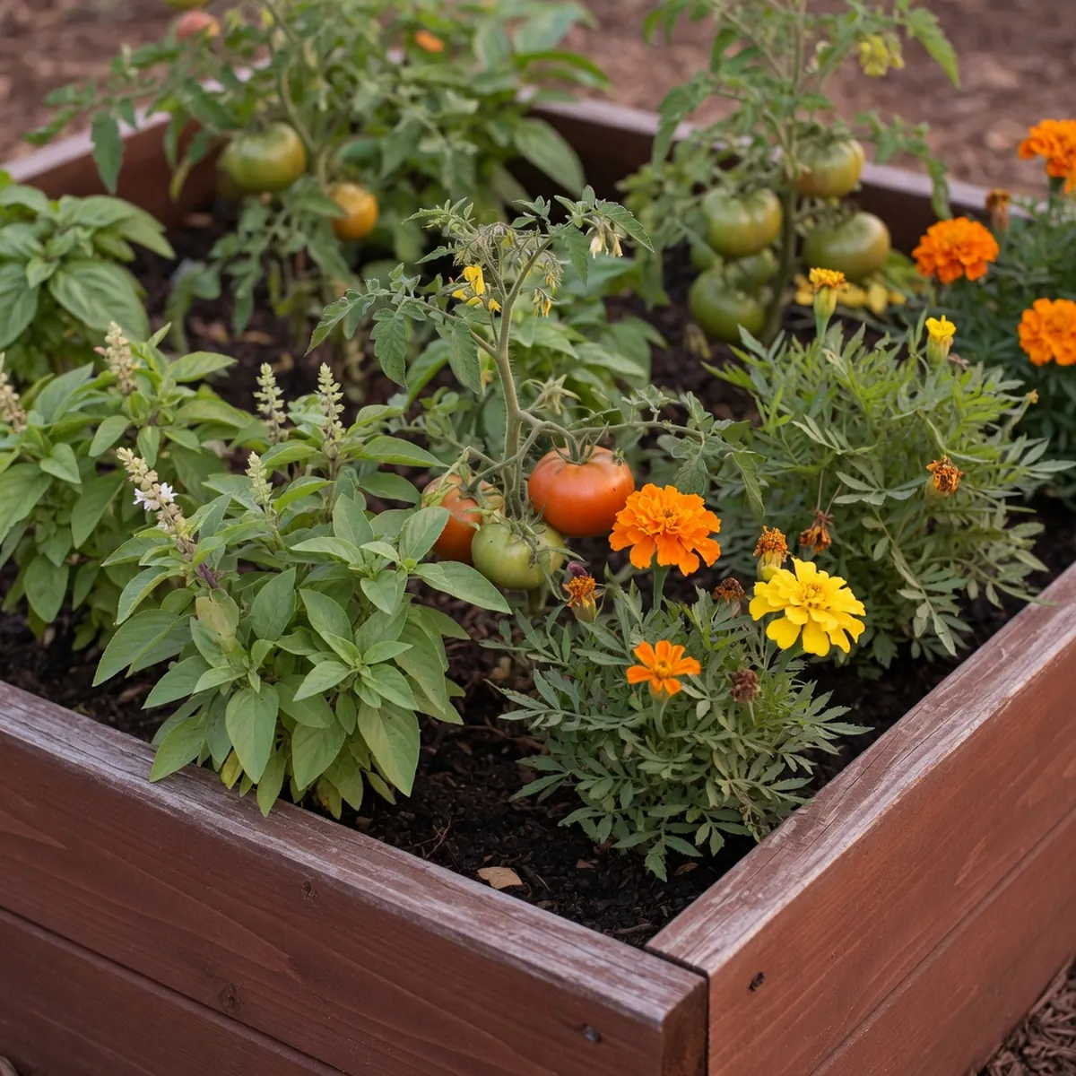 A close-up view of intercropped tomatoes, basil, and marigolds thriving side by side in a raised wooden planter.