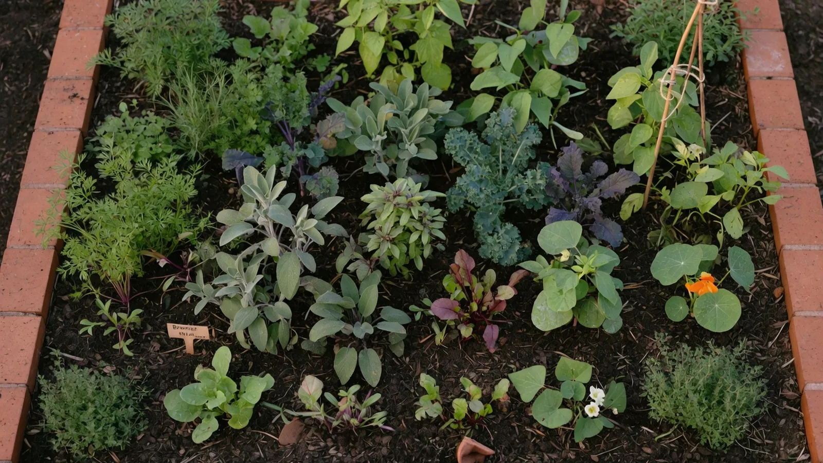 A vibrant garden bed filled with diverse vegetables and herbs growing together in rich soil.