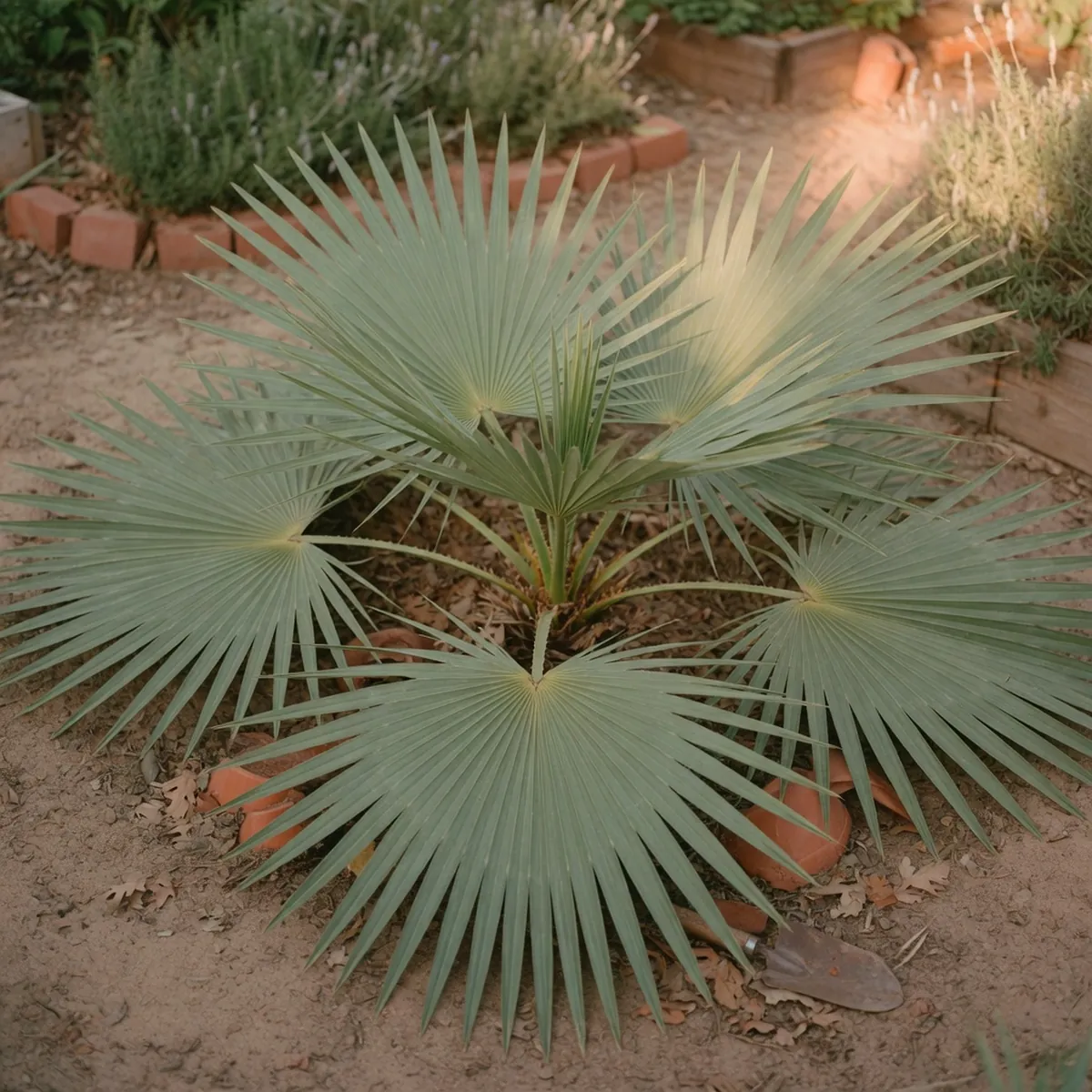 A low-growing palmetto displays broad fan-shaped leaves spreading horizontally near the soil surface.