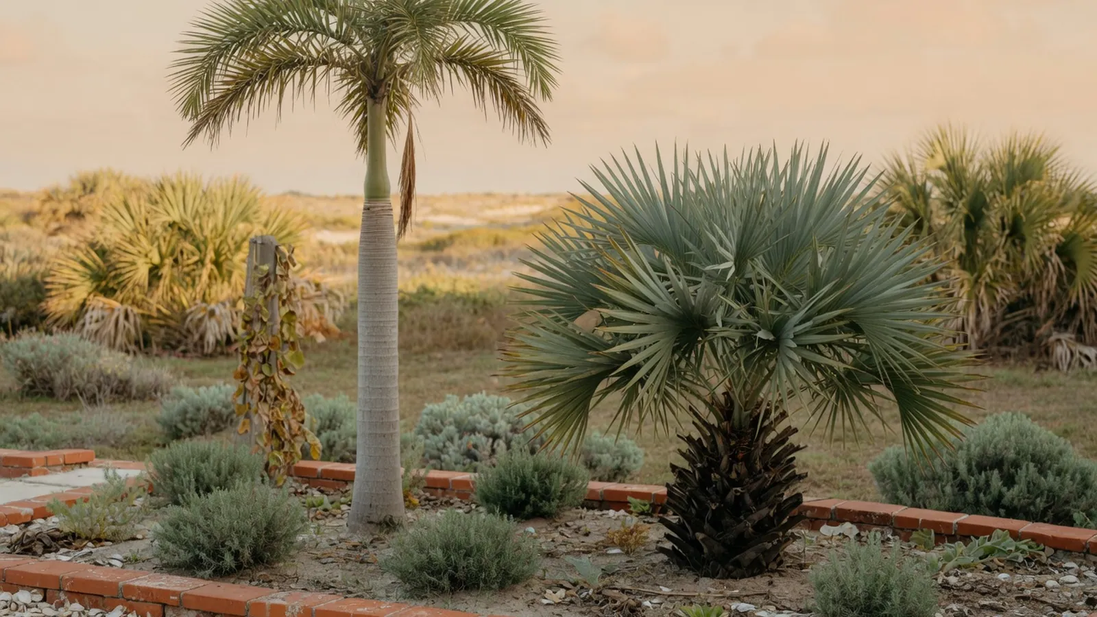 A tall palm tree stands beside a shorter palmetto plant in a bright garden setting.