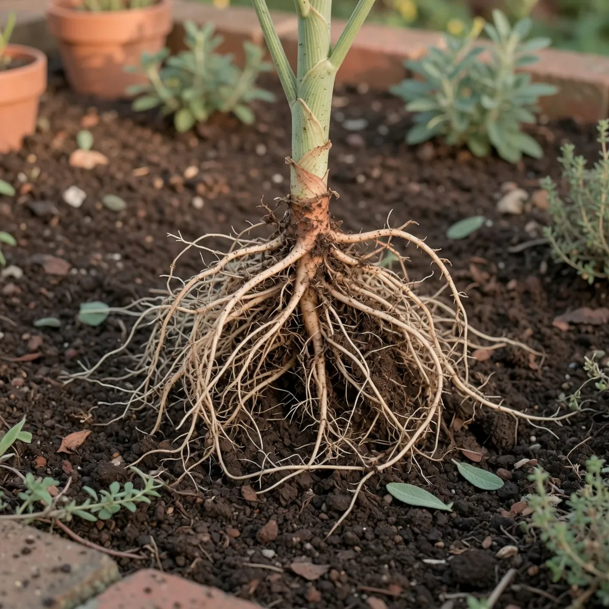 A close-up view of fine fibrous roots spreading out from the base of a plant stem into the soil.