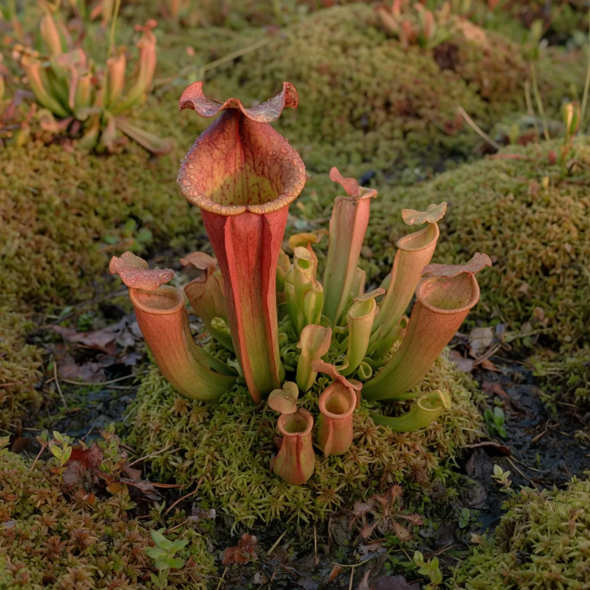 A close-up of a pitcher plant with its distinctive tubular leaves and dewy surface in a damp bog setting.
