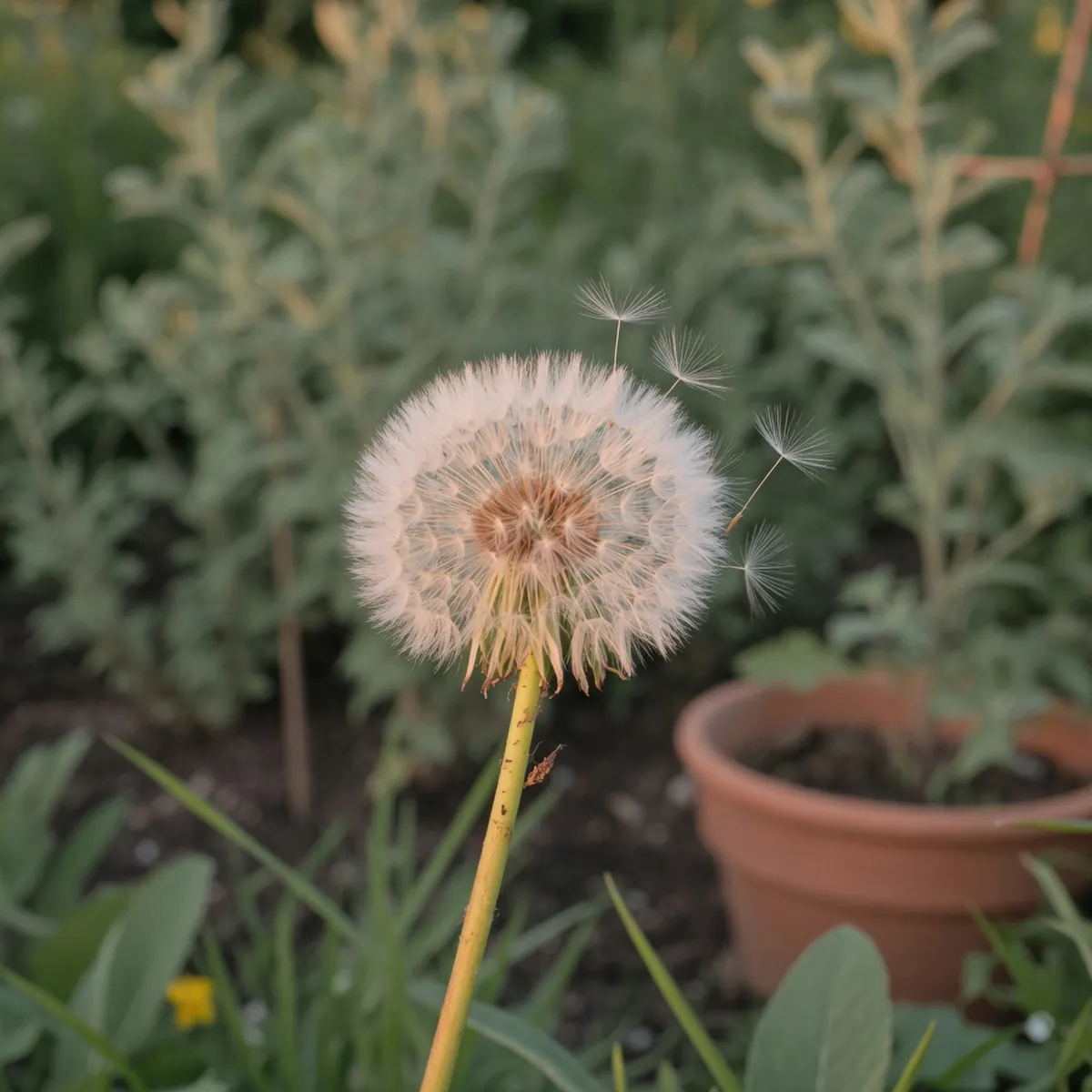 A single dandelion clock with its delicate white parachute seeds catching a gentle breeze against a blurred green garden background.