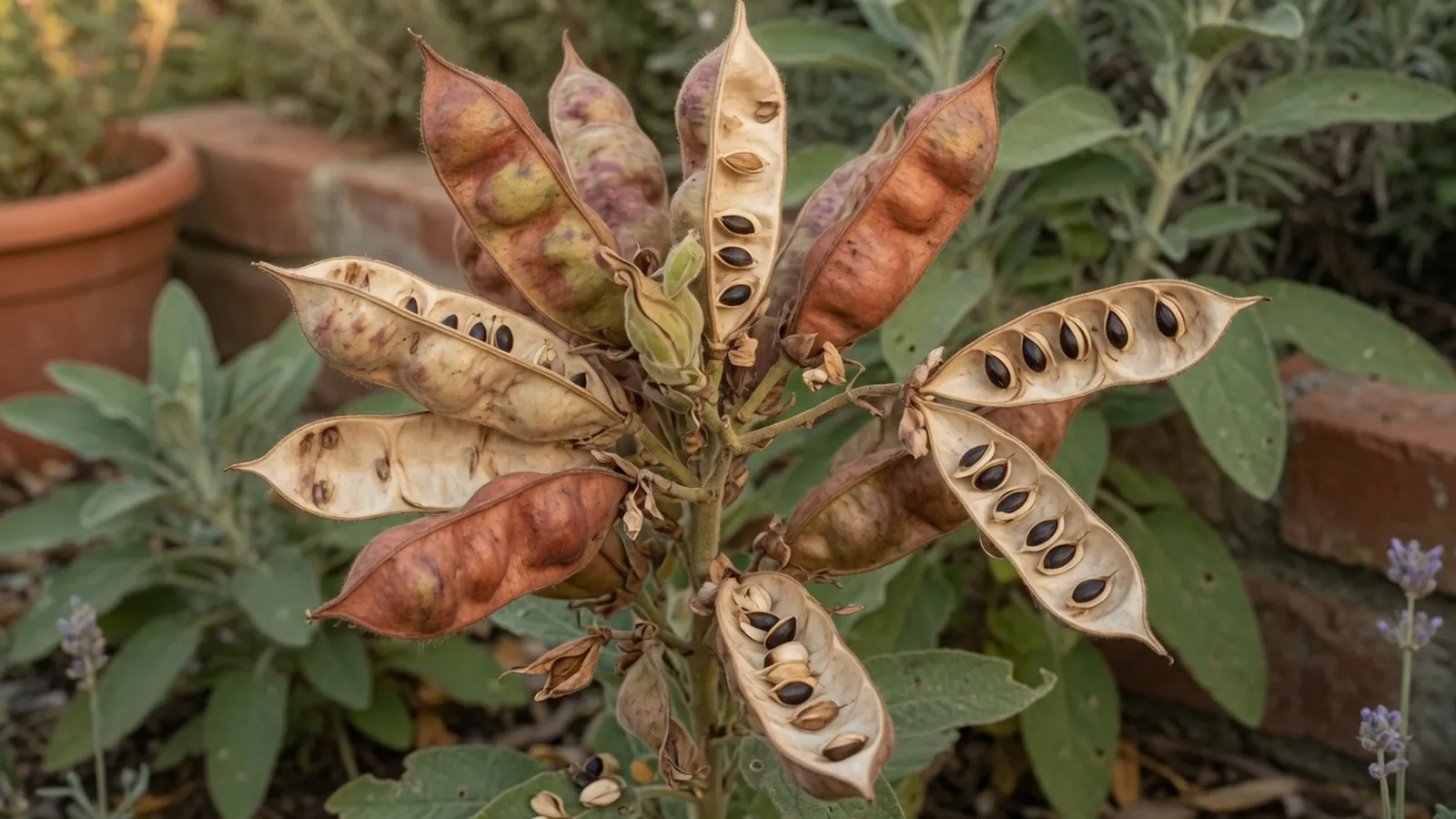 A cluster of ripe seed pods on a garden plant, some split open to reveal seeds ready for dispersal.