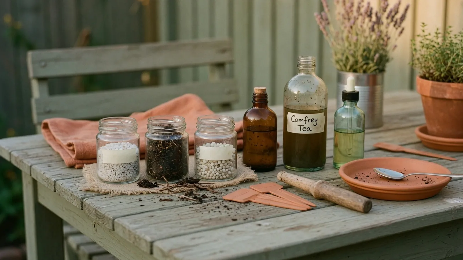 Granular, powdered, and liquid fertilizers are arranged neatly on a wooden garden table.