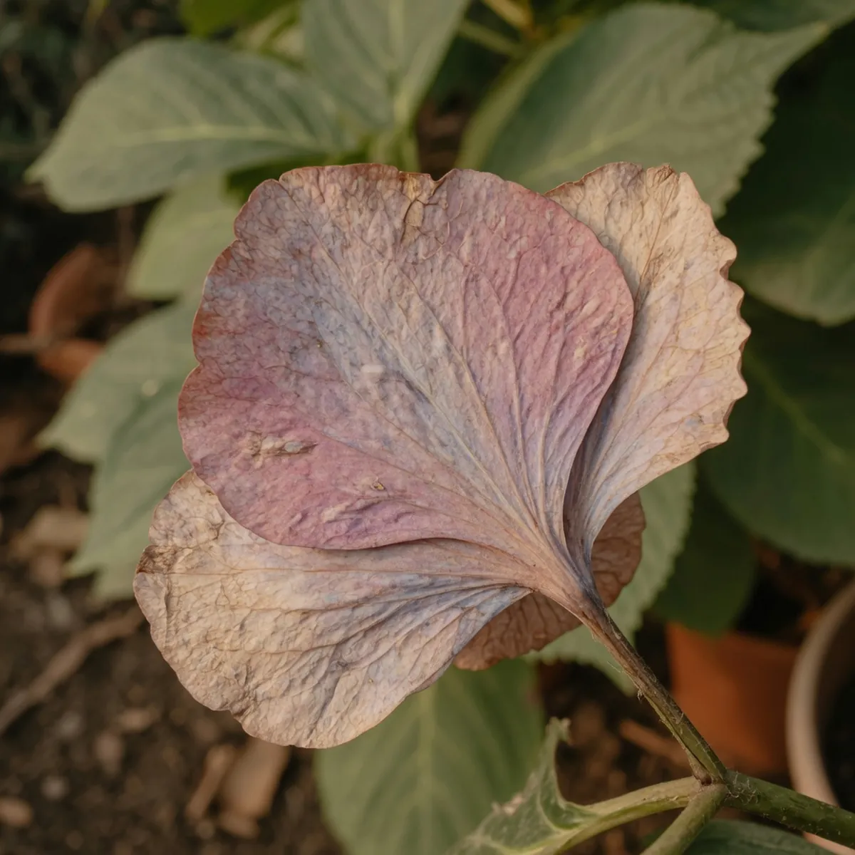 A close-up of a hydrangea petal showing a dry, papery texture.