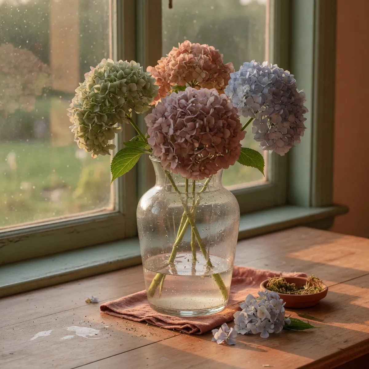 A clear glass vase holding several hydrangea stems with water evaporating from the bottom.