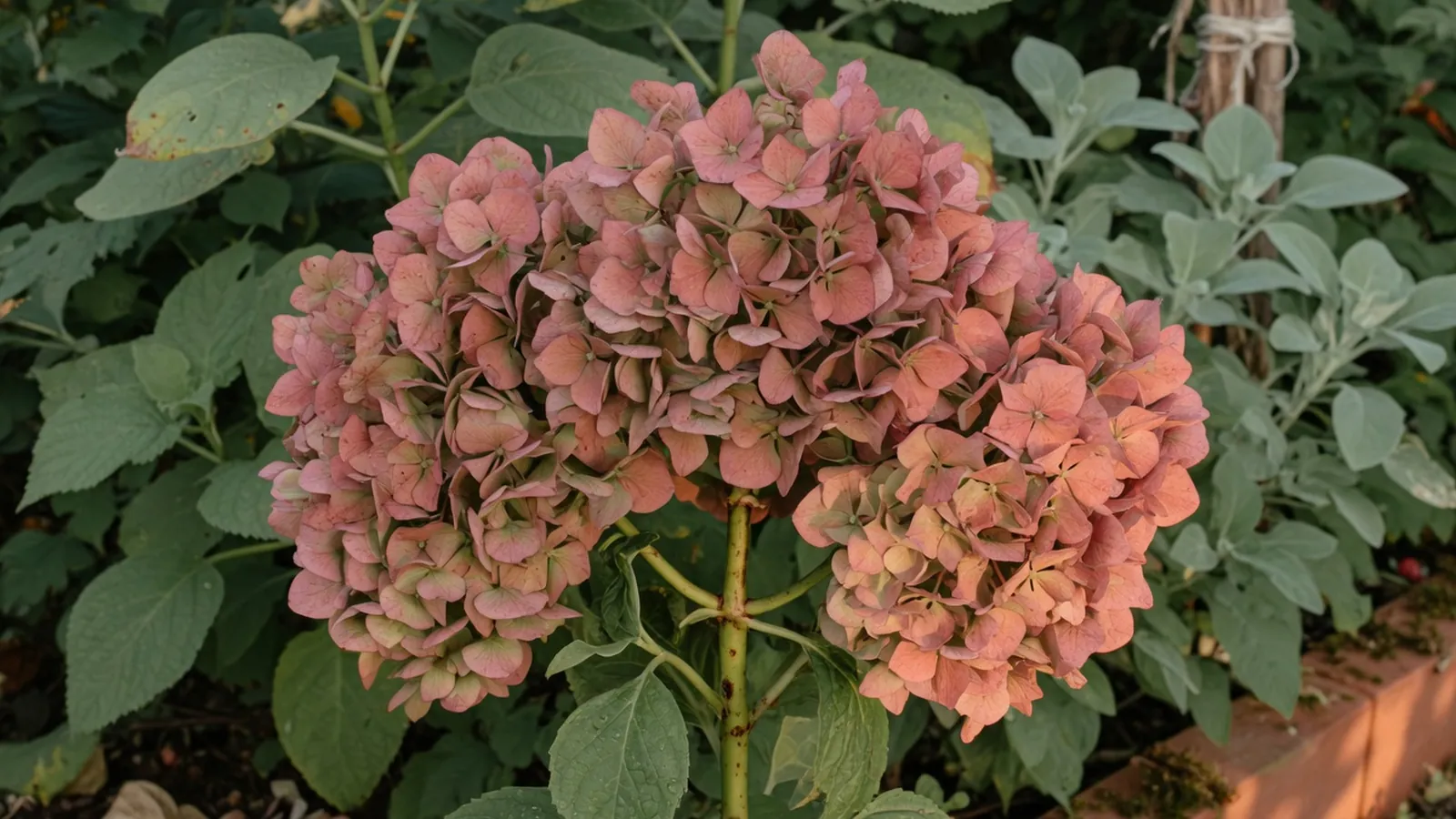 A cluster of mature hydrangea blooms on a garden stem, ready for preservation.