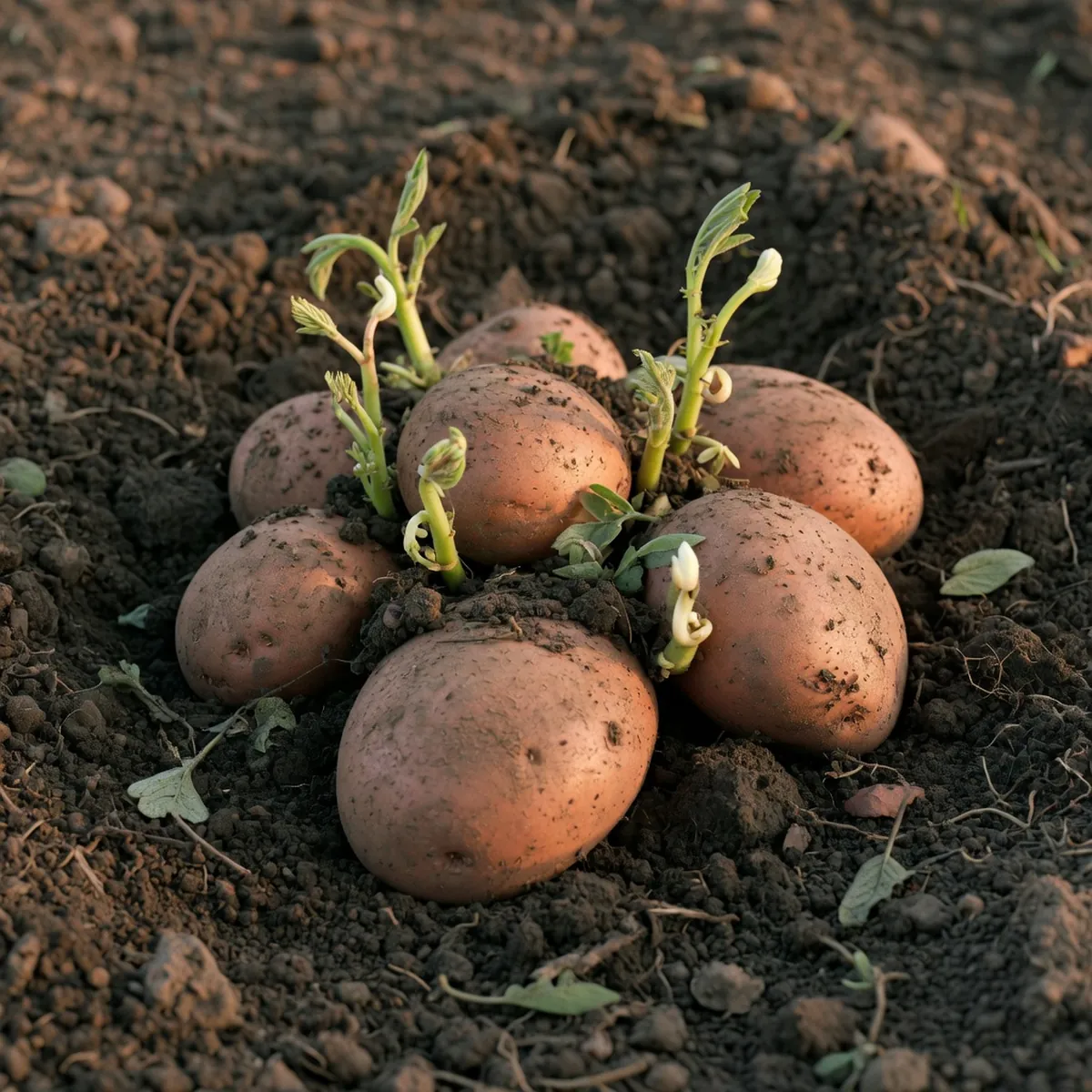 A cluster of potato tubers with emerging green shoots nestled in dark soil.