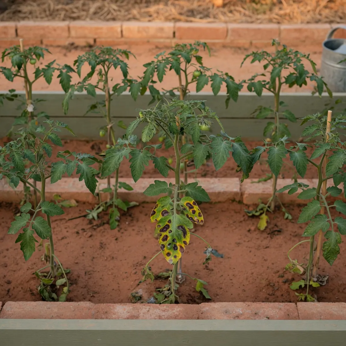 A uniform row of identical tomato plants showing signs of blight on one leaf.
