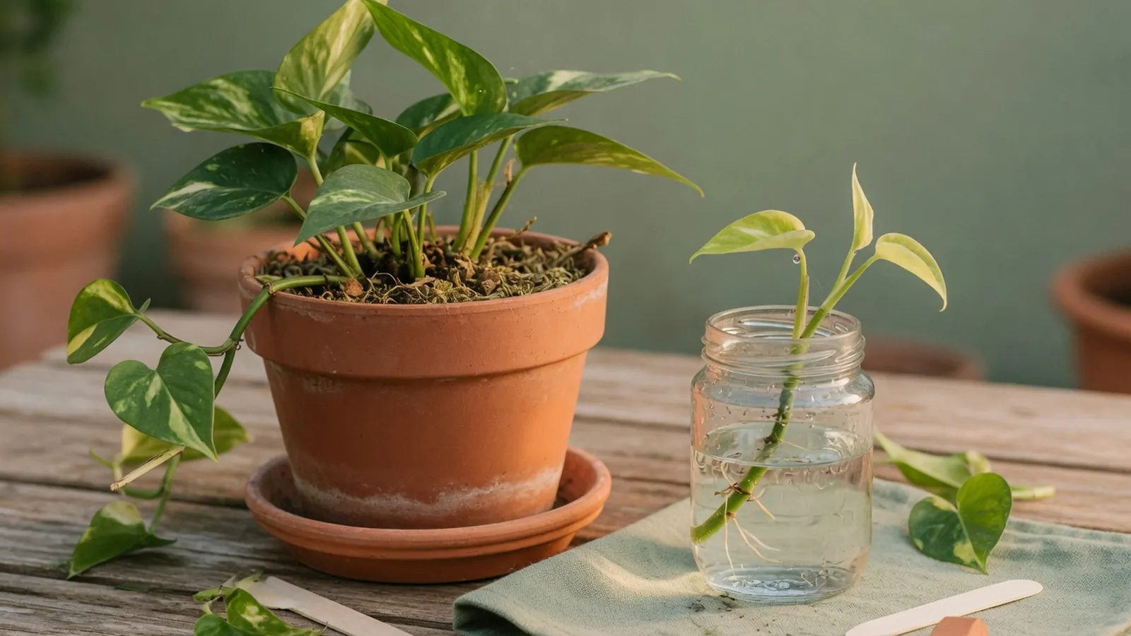 A healthy potted plant alongside a propagated cutting in a small glass of water.