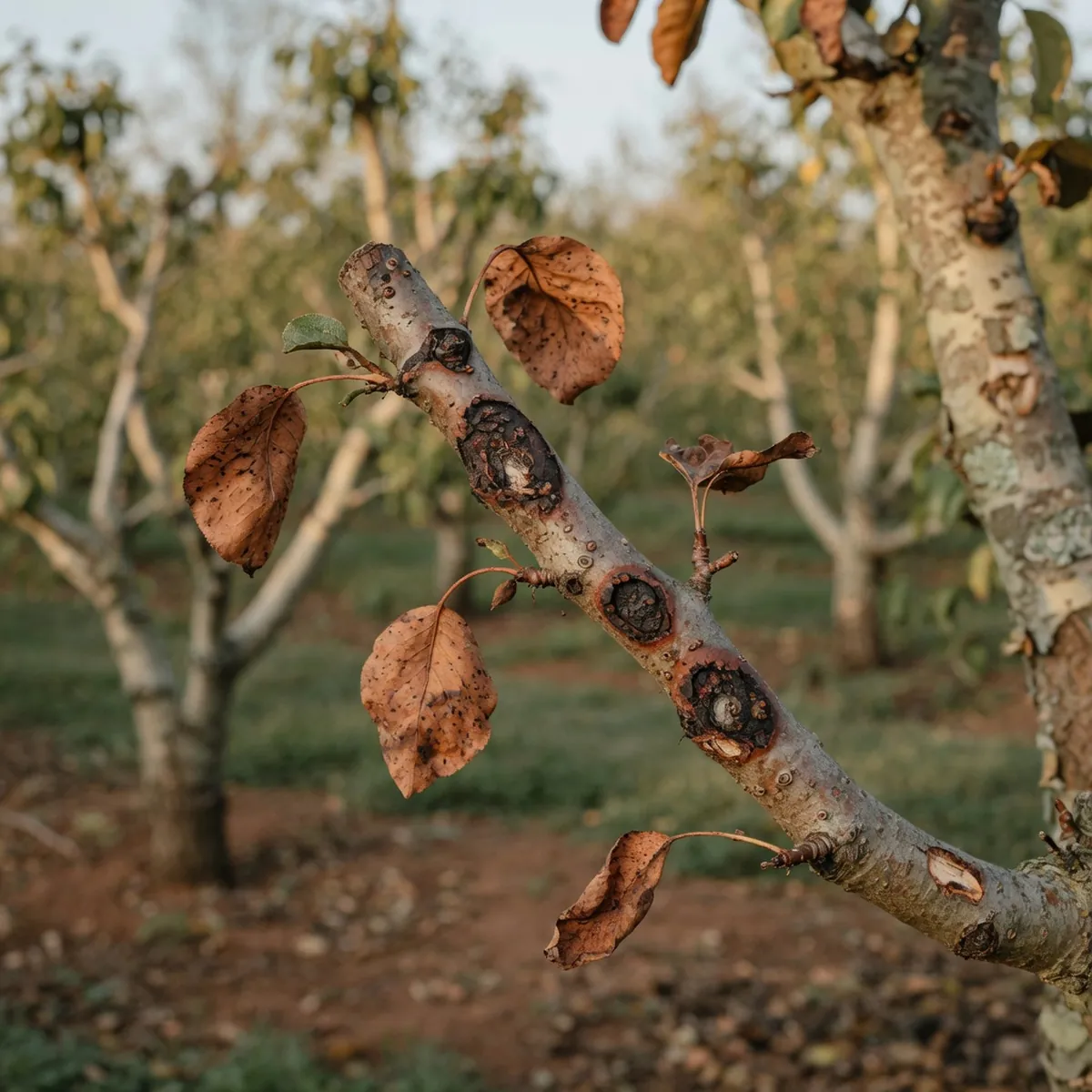 A pear tree twig showing dark sunken lesions and withered brown leaves against a blurred orchard background.