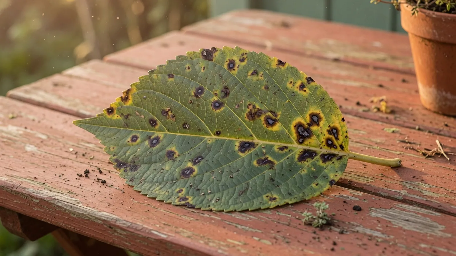 A garden leaf displaying distinct dark bacterial spots surrounded by yellowing tissue.