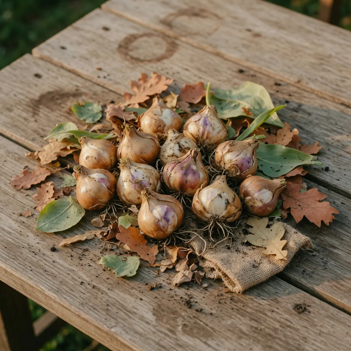A cluster of freshly unearthed tulip bulbs resting on a wooden surface with dried leaves.