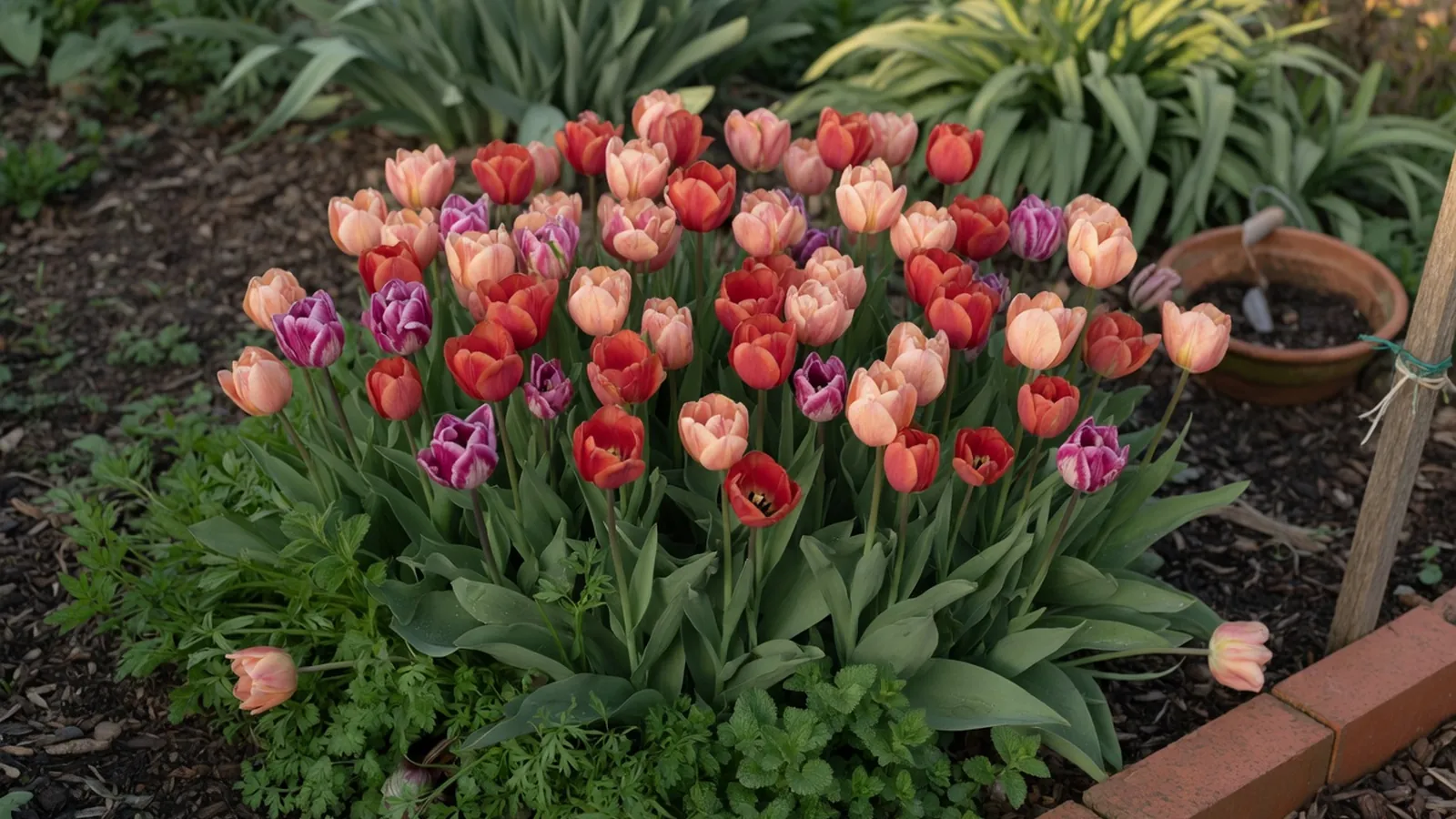 A vibrant cluster of red and yellow tulips blooming in a sunlit garden bed.