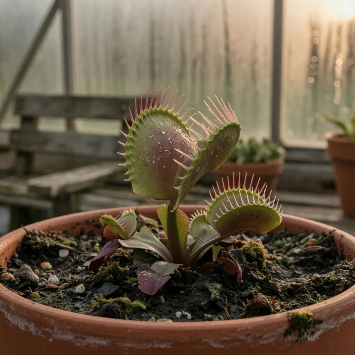 A Venus flytrap plant with its hinged leaves slightly open on dark soil.