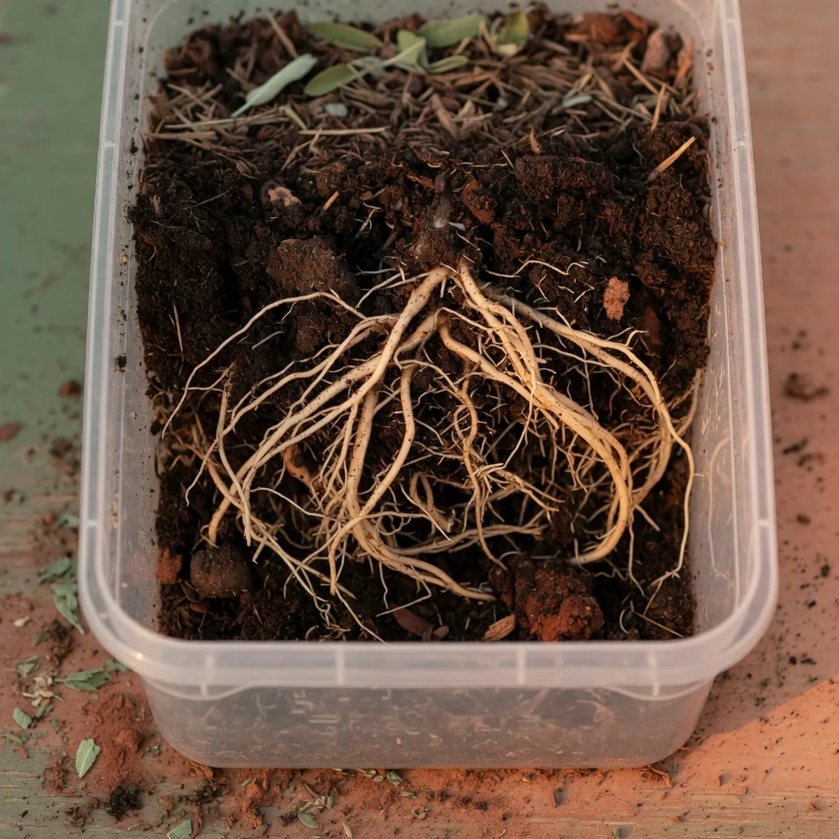 Pale plant roots spreading through dark, rich soil in a transparent container.
