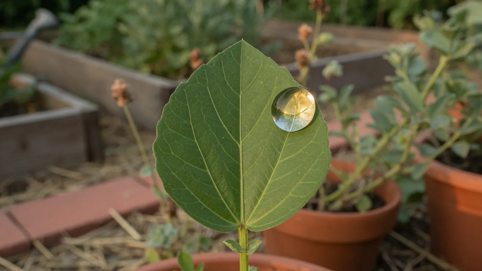 A vibrant green leaf with visible veins and a dewdrop against a softly blurred garden background.