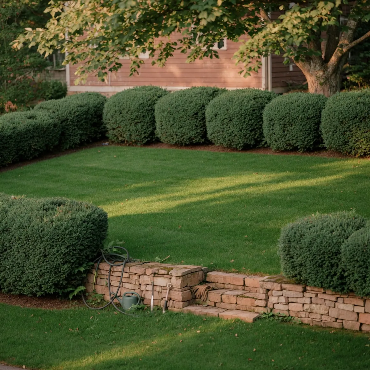A neatly trimmed lawn bordered by shaped shrubs and a stone wall in bright sunlight.